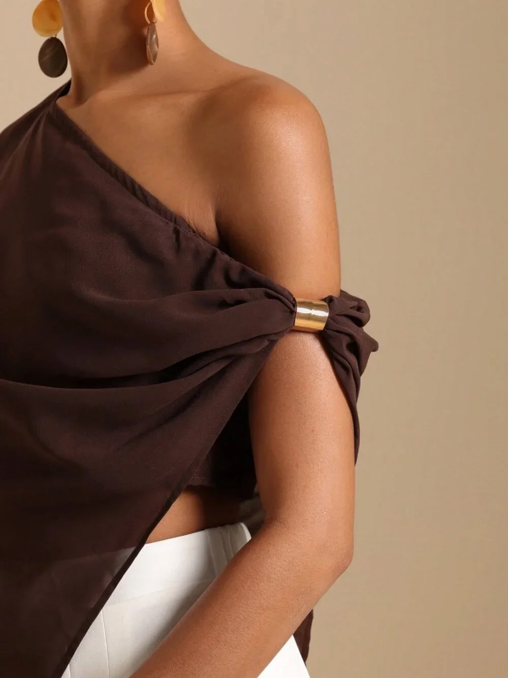 Coffee Brown Casual Women's Asymmetric Asymmetrical Shoulder Blouse
